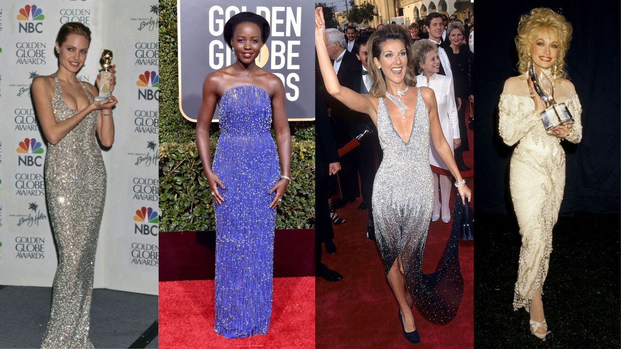 4 sequin dresses worn by celebrities on the red carpet. L-R: Angelina Jolie at the Golden Globes, Lupita Nyong&#039;o at the Golden Globes, Celine Dion at the Academy Awards and Dolly Parton at the People&#039;s Choice Awards