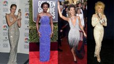 4 sequin dresses worn by celebrities on the red carpet. L-R: Angelina Jolie at the Golden Globes, Lupita Nyong'o at the Golden Globes, Celine Dion at the Academy Awards and Dolly Parton at the People's Choice Awards
