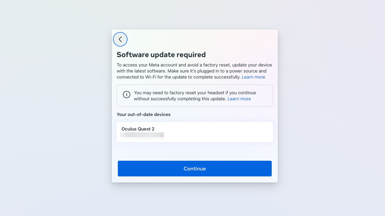 meta account software update prompt