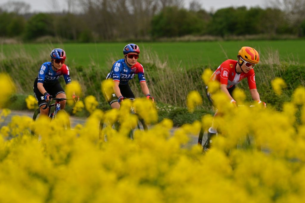 ROUBAIX FRANCE APRIL 06 LR Alessia Vigilia of Italy and Jade Wiel of France and Team FDJSuez and Rebecca Koerner of Denmark and Team UnoX Mobility compete during the 4th ParisRoubaix Femmes 2024 a 1485km one day race from Denain to Roubaix on UCIWWT April 06 2024 in Roubaix France Photo by Luc ClaessenGetty Images