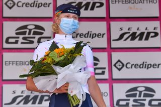 Mikayla Harvey of New Zealand and Team Paule Ka White Best Young Jersey Celebration Mask Covid safety measures Flowers during the 31st Giro dItalia Internazionale Femminile 2020 Stage 4 a 1703km stage from Assisi to Tivoli 237m GiroRosaIccrea GiroRosa on September 14 2020 in Tivoli Italy Photo by Luc ClaessenGetty Images