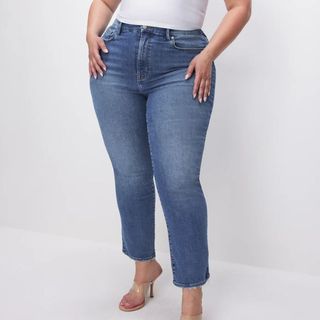 Good American straight, always fit jeans in mid to light blue