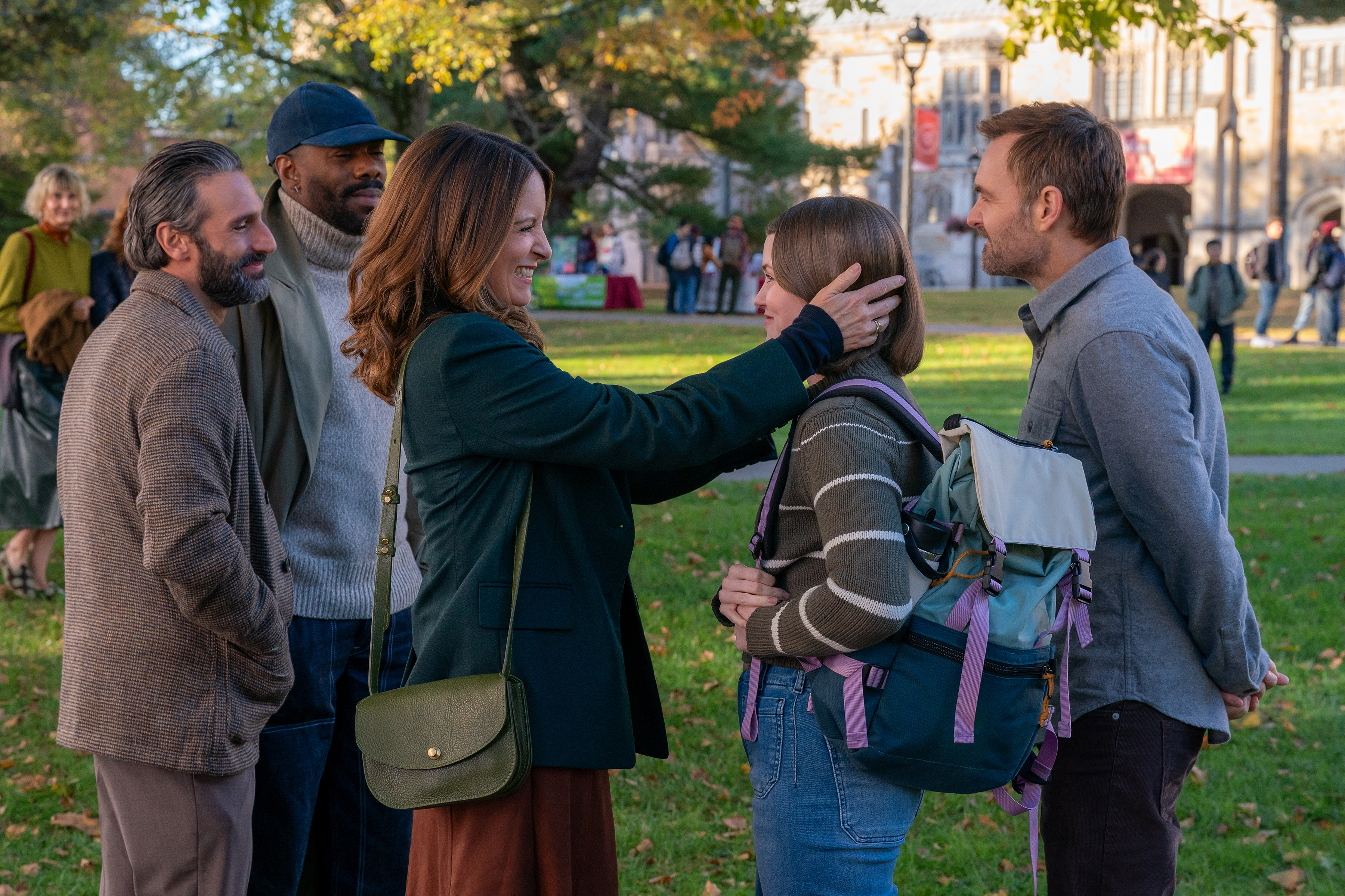 (L to R) Marco Calvani as Claude, Colman Domingo as Danny, Tina Fey as Kate, Ashlyn Maddox as Beth, and Will Forte as Jack in Episode 105 of The Four Seasons.