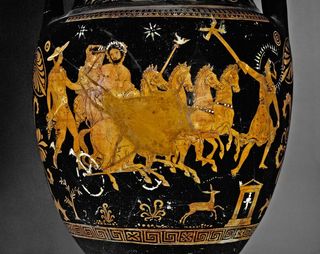 Persephone's abduction is a familiar scene in Greek art. This Southern Italian vase, now in the British Museum, shows Hades carrying off Persephone in a four-horse chariot followed by Hermes.