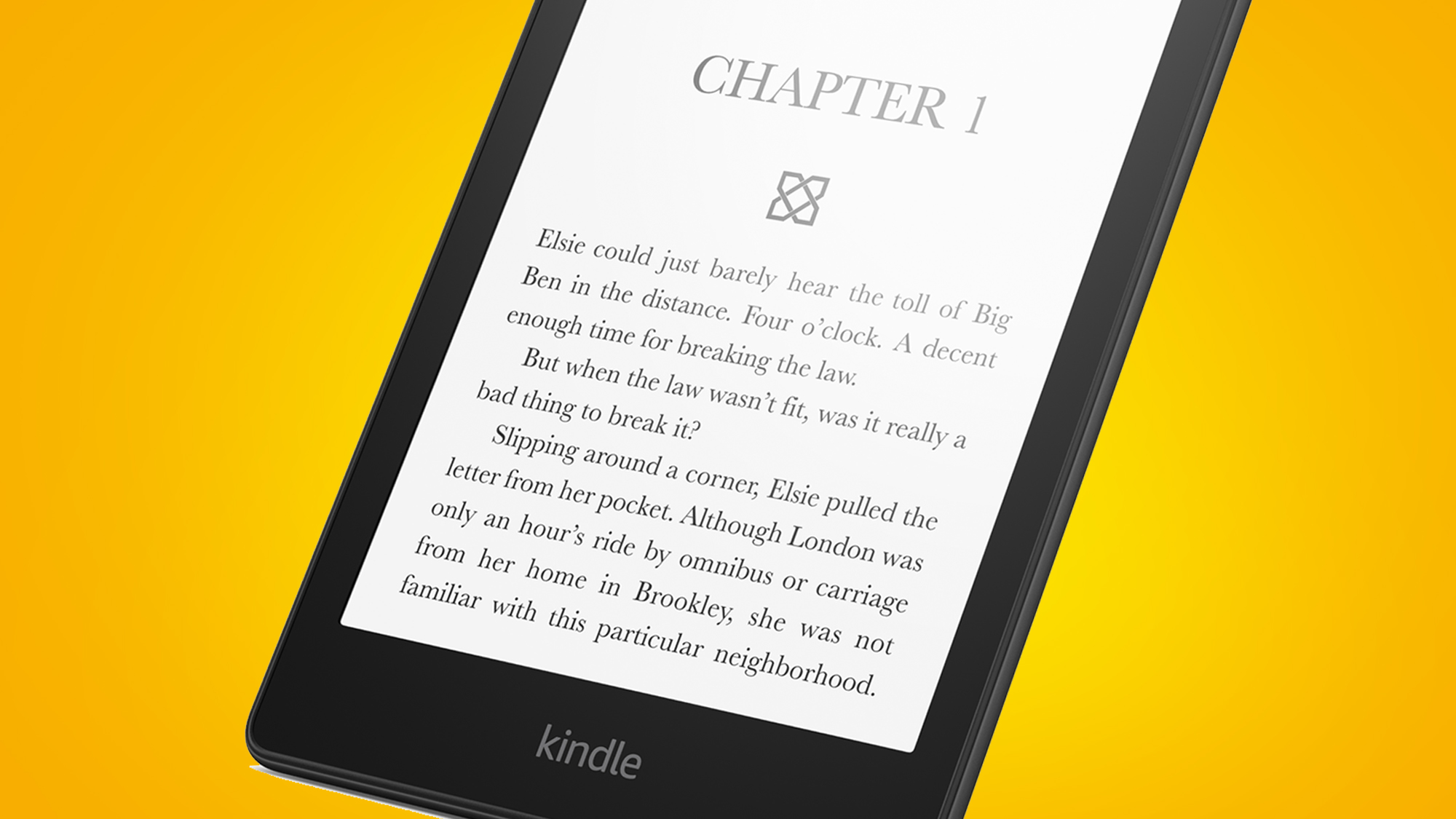 An Amazon Kindle Paperwhite ereader on an orange background