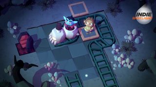 Spooky Express screenshot showing a small skeleton shaped train carrying a vampire passenger past a scared human