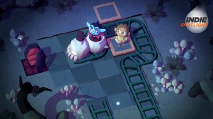 Spooky Express screenshot showing a small skeleton shaped train carrying a vampire passenger past a scared human