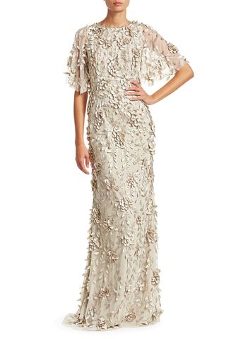 Theia Embellished Flutter-Sleeve Tulle Gown
