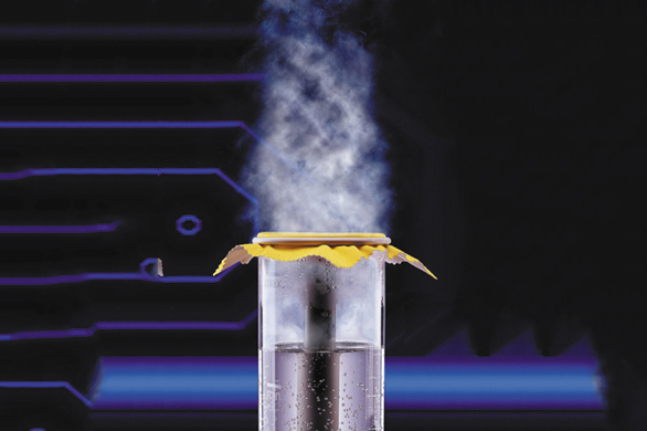 A steam filled cylinder passes water vapour through a square of fabric