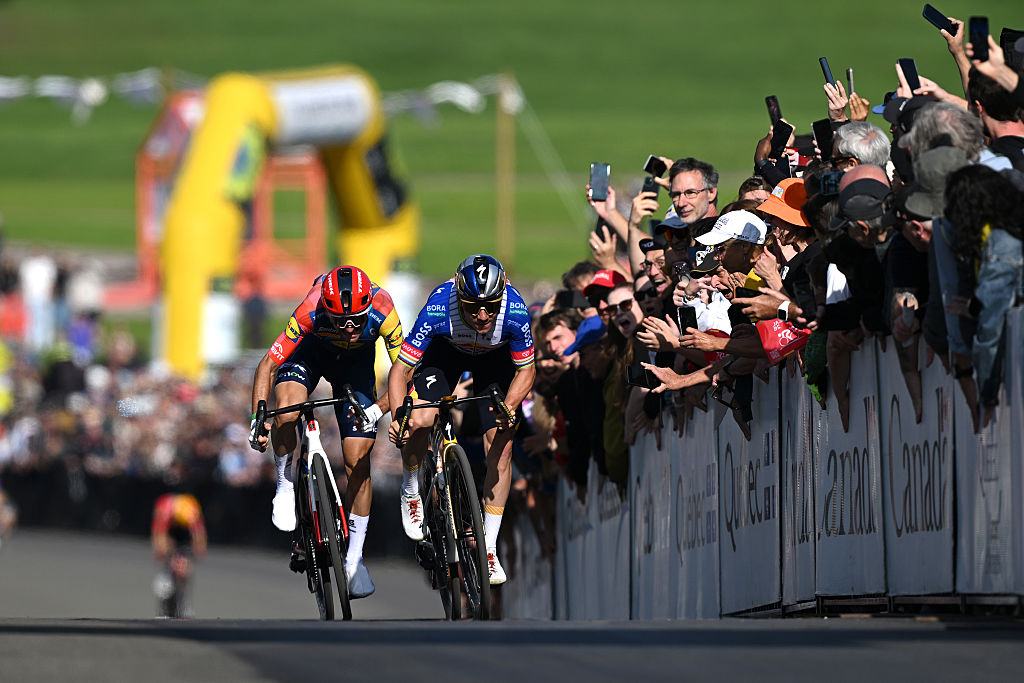 Giulio Ciccone of Italy and Team Lidl - Trek and race winner Remco Evenepoel of Belgium and Team Red Bull - BORA - hansgrohe sprint at finish line during the 15th Grand Prix Cycliste de Quebec 2026