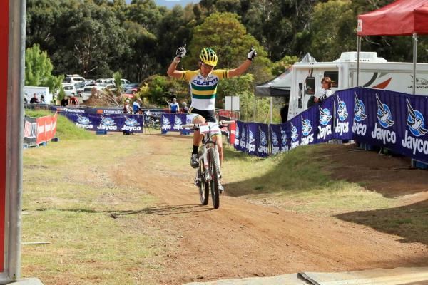 Rowena Fry celebrates her short track victory for two wins in two days.