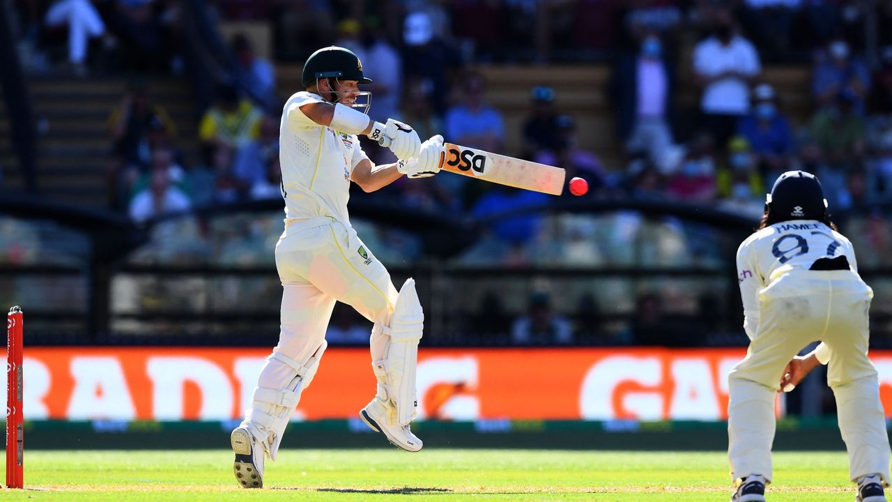 David Warner of Australia playing a shot against England in the Ashes