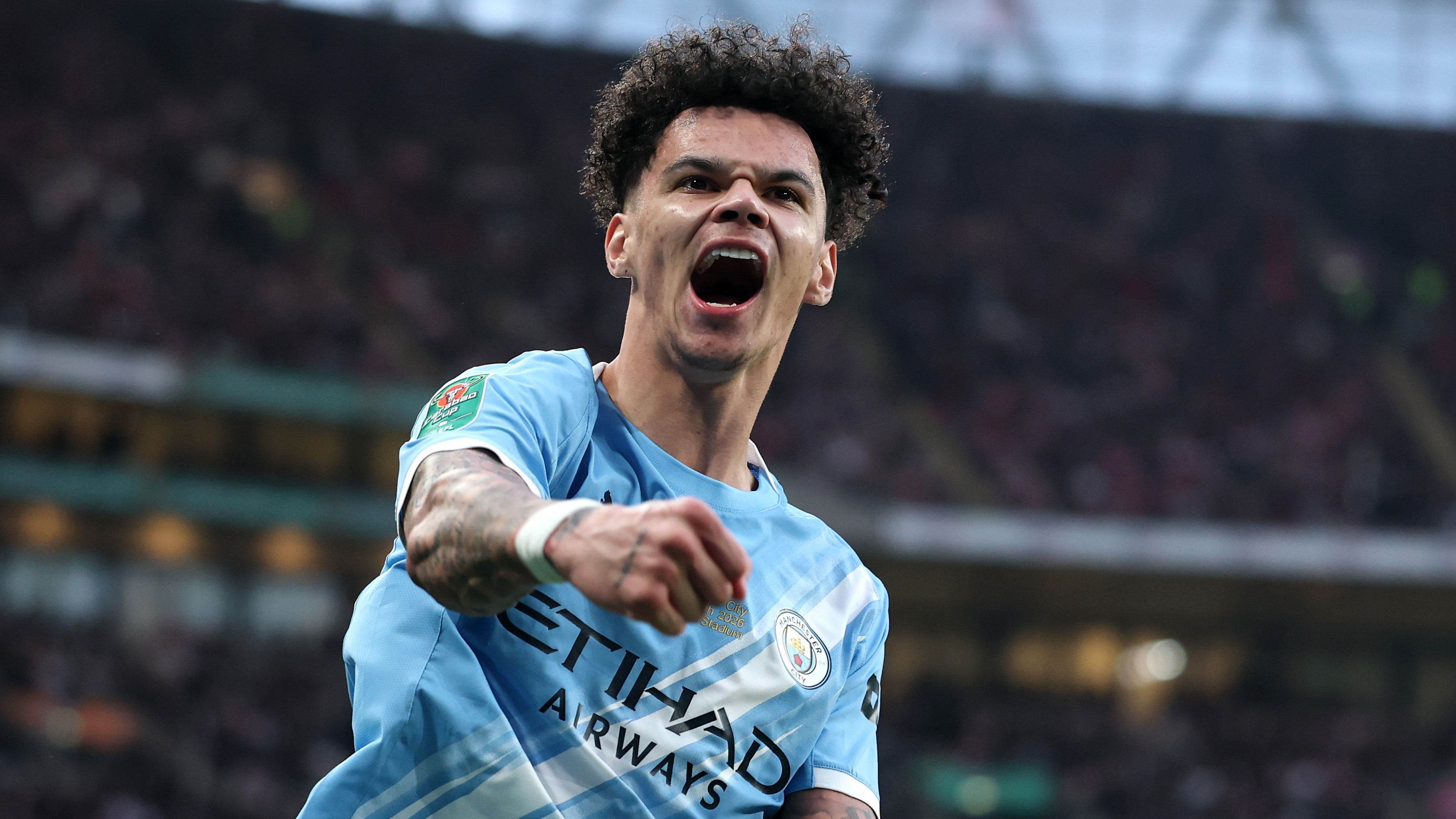  Nico O'Reilly of Manchester City celebrates scoring his team's first goal during the Carabao Cup Final match Arsenal and between Manchester City at Wembley Stadium on March 22, 2026 in London, England. 