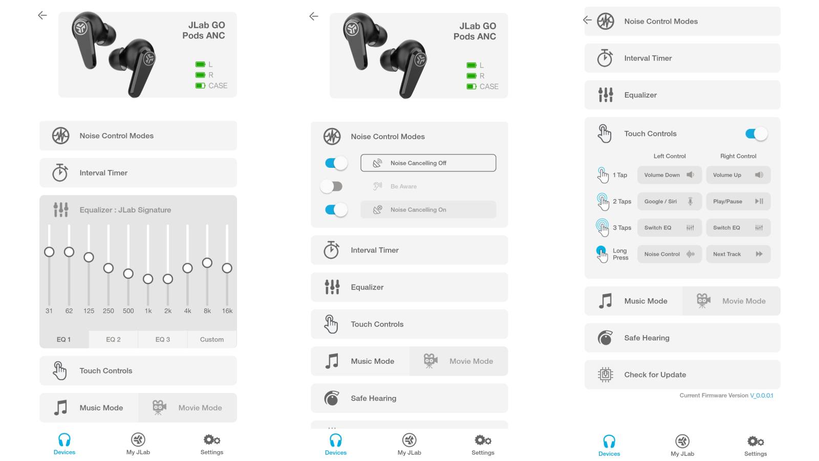 Three screenshots from the JLab Go Pods ANC app.