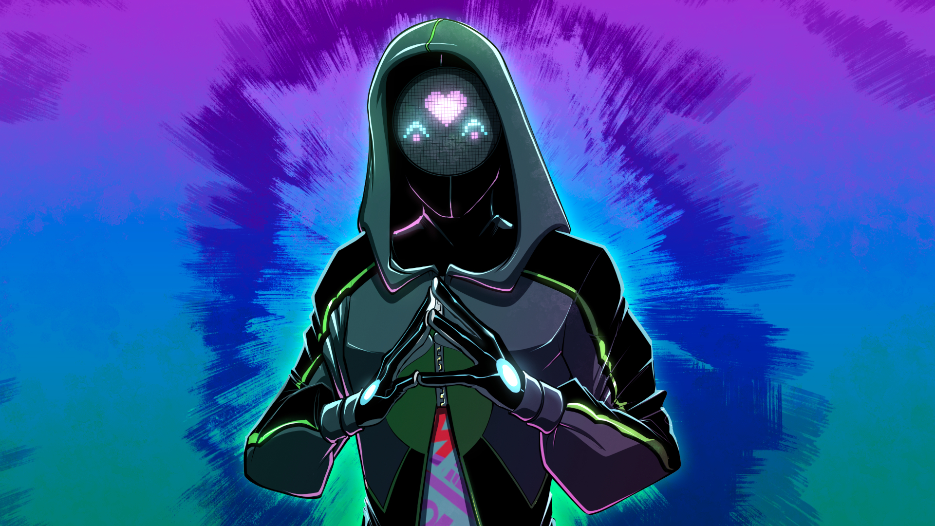 Hacker steeples her fingers together while wearing a hood and an electronic mask with a heart, all against a blue and green background