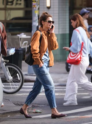 Katie Holmes wearing a Mango suede bomber jacket in New York