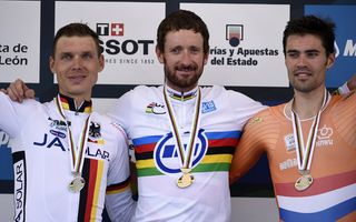 Tony Martin, Sir Bradley Wiggins and Tom Dumoulin on the podium after the Elite Mens TT at the 2014 World Championships