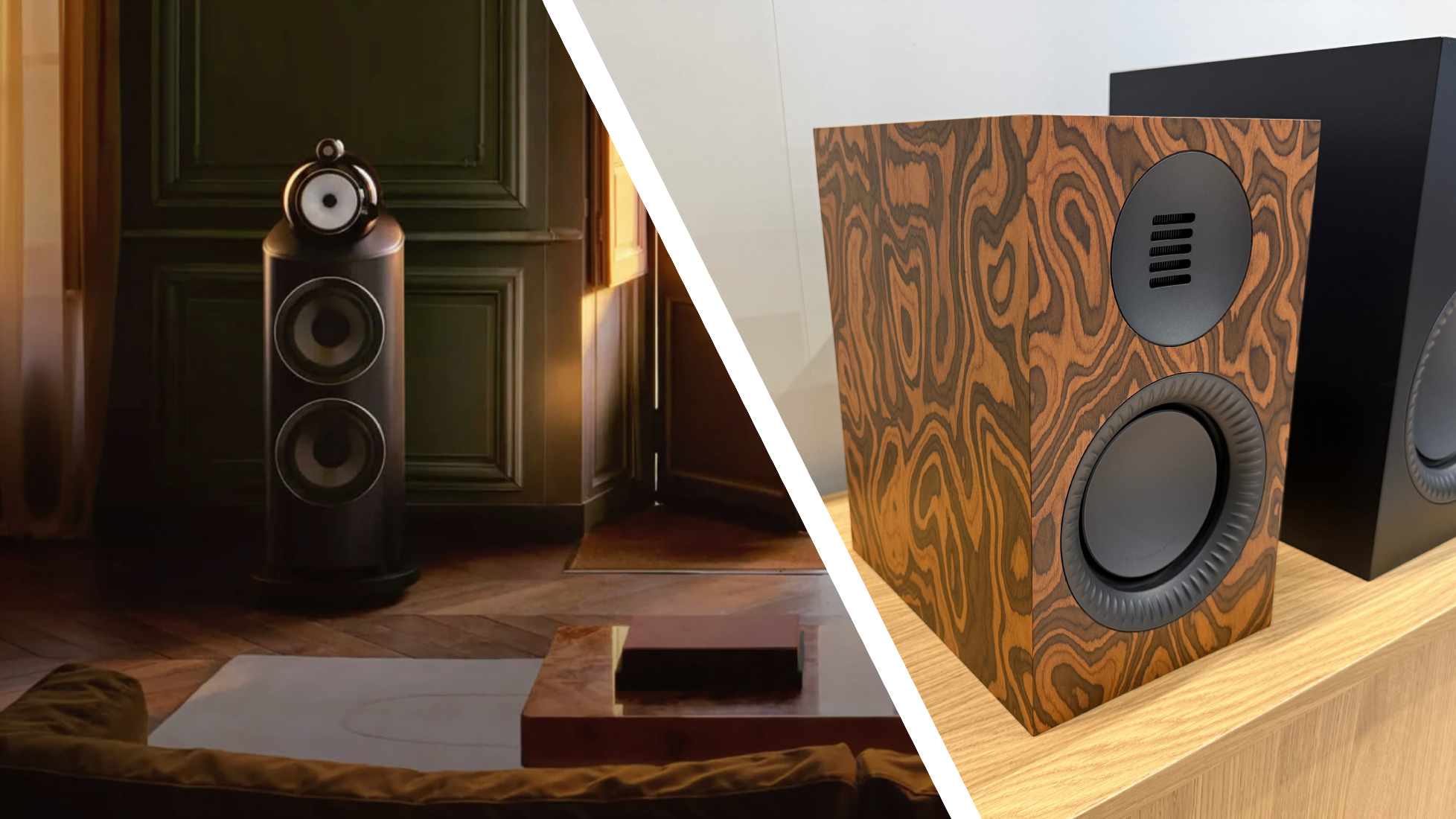 Two images of speakers, one Bowers &amp; Wilkins, one Kanto (taken at High End Vienna) side by side in a split-screen image