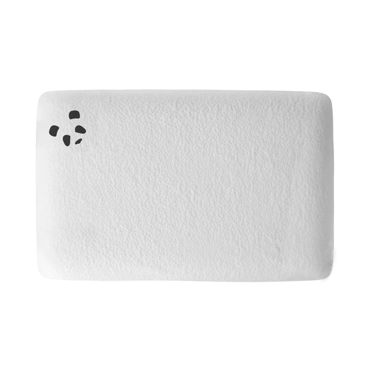 Cut-out image of a white memory foam pillow with a black embroidered panda logo