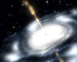 Artist’s concept of a supermassive black hole shooting jets of radio waves. Research suggests that super massive black holes to spin backwards.
