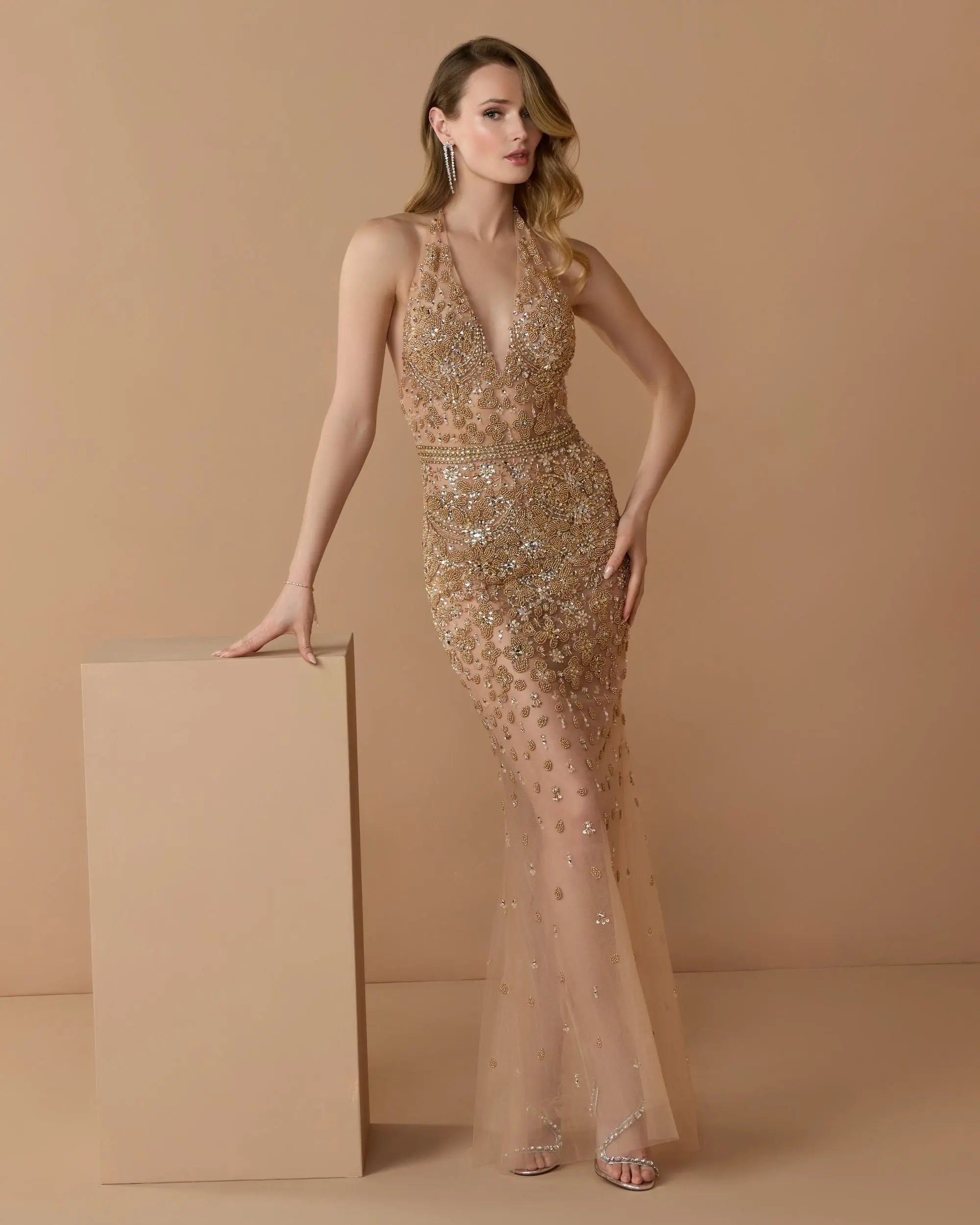 Nude Silver Hand Embellished Open Back Halter Gown