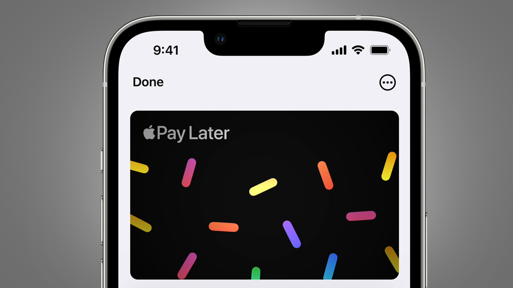 An iPhone on a grey background showing Apple Pay Later
