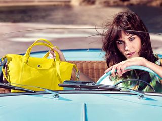 Alexa Chung rides a blue Fiat convertible for Lonchamp's Spring 2014 campaign