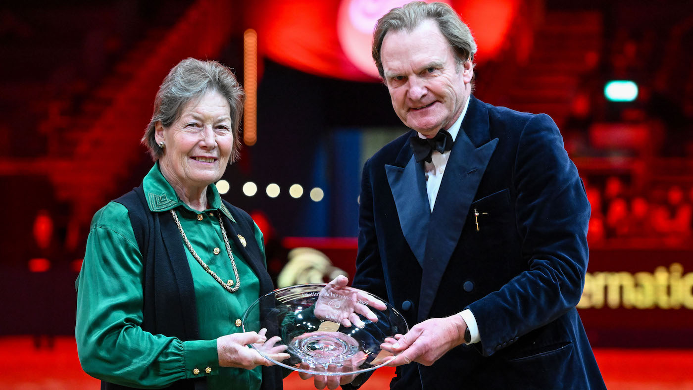Jane Holderness-Roddam being presented with the British Equestrian Media Association (BEMA) Lifetime achievement awards by chairman Rupert Bell at the 2023 London International Horse Show.