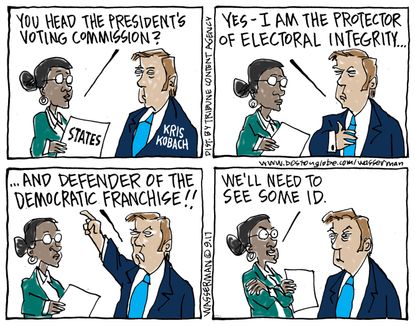 Political cartoon U.S. Trump Kris Kobach election voter fraud
