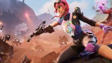 A Fortnite character fires a crossbow while atop a moving vehicle