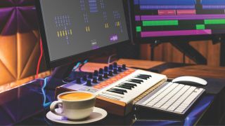 A home studio setup with MIDI keyboard on a desk