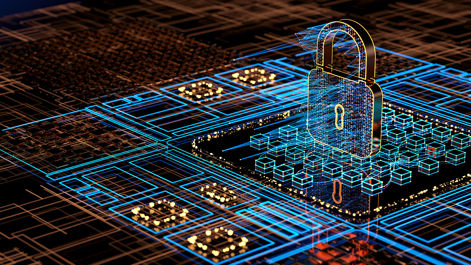 A digital lock displayed over a circuit board