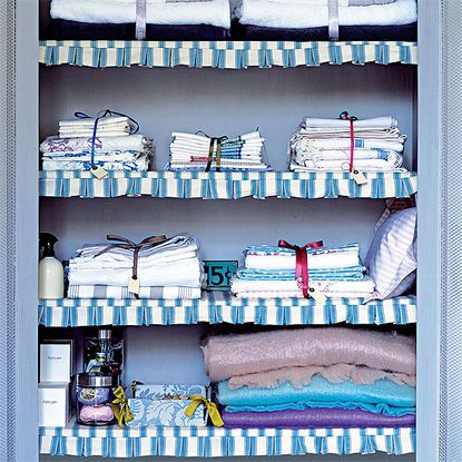 blue laundry storage shelf with clothes