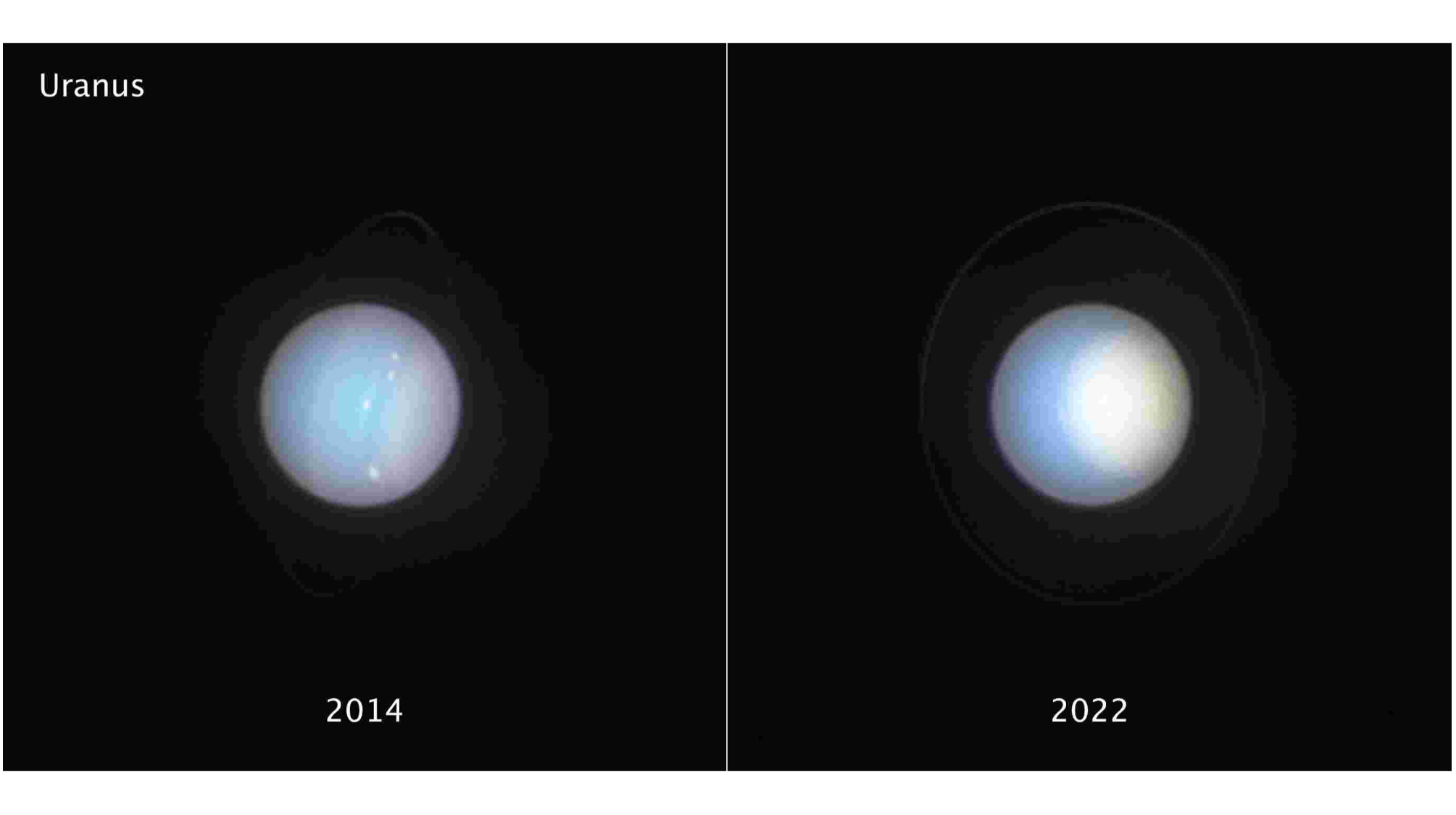 View of two telescopes side by side with blurred planets against the darkness of space