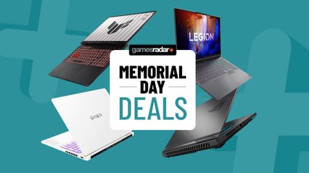 Gaming laptops on a bright blue background with Memorial Day sales badge