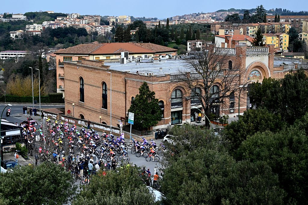 The pack of riders pictured during the women elite 'Strade Bianche' one day cycling race, 133km from and to Siena, Italy, on Saturday 07 March 2026.BELGA PHOTO ELIAS ROM (Photo by ELIAS ROM / BELGA MAG / Belga / AFP via Getty Images)