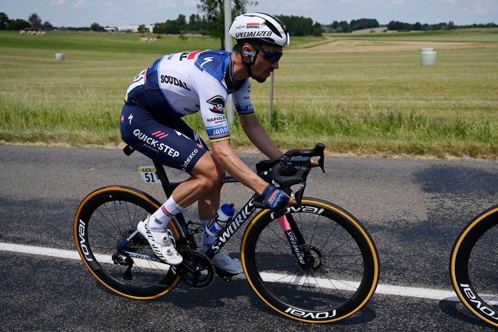SALINSLESBAINS JUNE 08 Julian Alaphilippe of France and Team Soudal Quick Step competes during the 75th Criterium du Dauphine 2023 Stage 5 a 1911km stage from CormoranchesurSane to SalinslesBains UCIWT on June 08 2023 in SalinslesBains France Photo by Dario BelingheriGetty Images