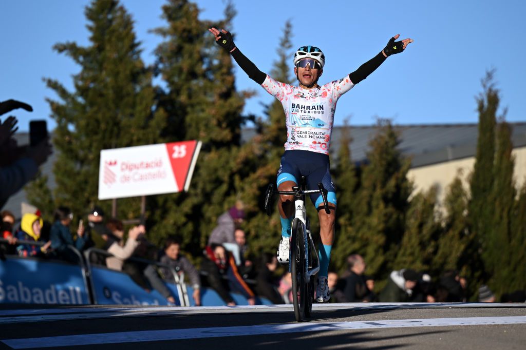 PORTELL DE MORELLA SPAIN FEBRUARY 08 Santiago Buitrago of Colombia and Team Bahrain Victorious Polka Dot Mountain Jersey celebrates at finish line as stage winner during the 76th Volta a la Comunitat Valenciana 2025 Stage 4 a 181km stage from Oropesa del Mar to Portell de Morella 1078m on February 08 2025 in Portell de Morella Spain Photo by Szymon GruchalskiGetty Images
