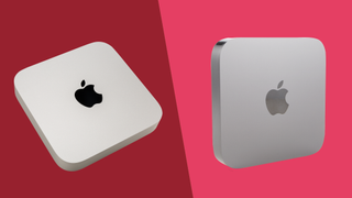 M1 Mac Mini en M2 Mac Mini tegen een roze achtergrond