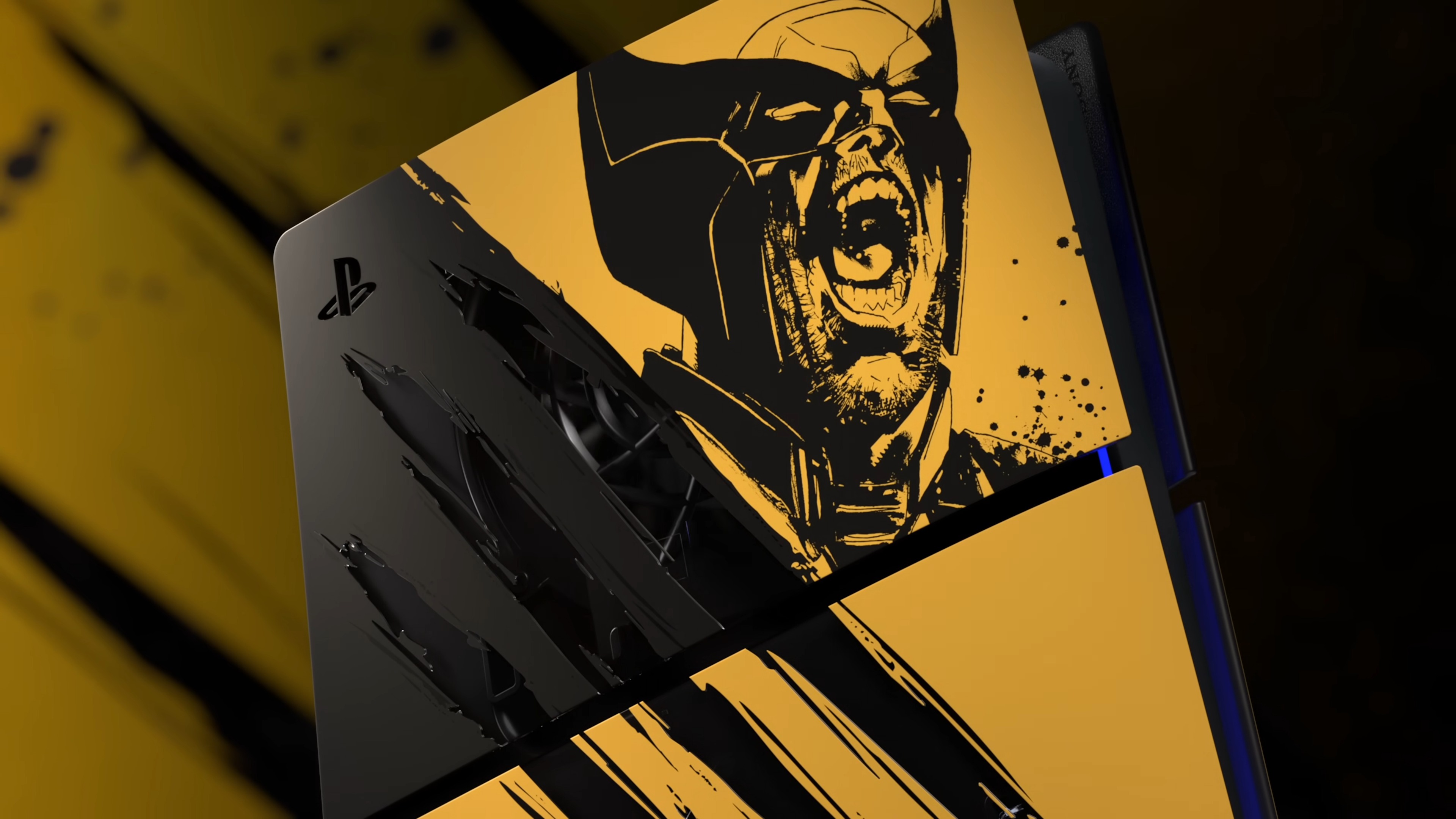 A still image of the limited edition Marvel's Wolverine battle yellow PS5 console