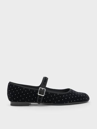 Velvet Dotted Buckled Mary Jane Flats