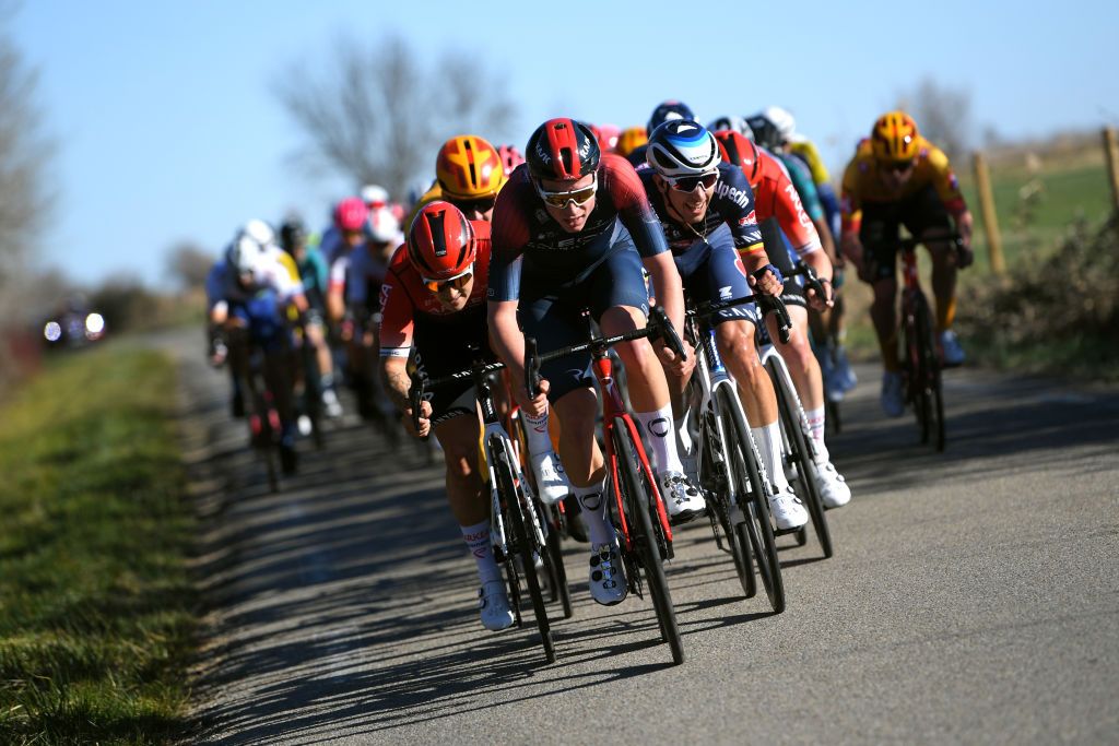 BELLEGARDESURVALSERINE FRANCE FEBRUARY 02 LR Magnus Sheffield of United States and Team INEOS Grenadiers and Dries De Bondt of Belgium and Team AlpecinFenix competes during the 52nd toile De Bessges Tour Du Gard 2022 Stage 1 a 1608km stage from Bellegarde to Bellegarde 161m EtoiledeBesseges EDB2022 on February 02 2022 in BellegardesurValserine France Photo by Luc ClaessenGetty Images
