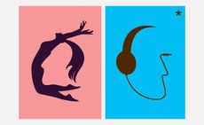 Two drawings. Left, a woman on her knees with her hands up over her head and her back arched into a dancing pose on a pink background. Right, headphones and a cord in the shape of a face on a blue background.