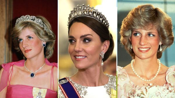 (L-R) Princess Diana wearing her sapphire suite, Kate Middleton wearing the Lover&#039;s Knot tiara, Princess Diana wearing her pearl drop earrings