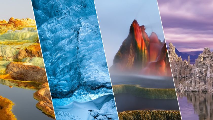 A collage of four stunning natural landscapes, each divided by a diagonal line. The first section showcases vibrant yellow, orange, and green mineral terraces, likely from a geothermal area. The second section highlights a striking blue ice formation with intricate textures. The third section features a multicolored geothermal geyser emitting steam, with red, orange, and green hues. The fourth section depicts dramatic limestone tufa formations rising from a reflective body of water under a soft purple sky.