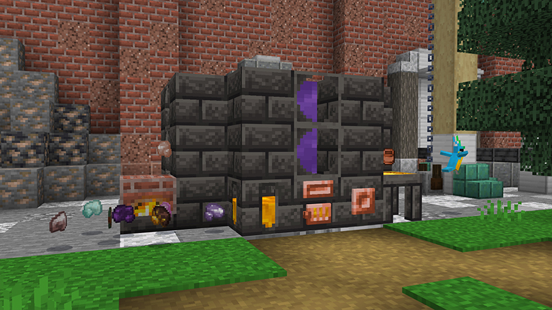 A smeltery in Minecraft, processing various ores with molten metal visible inside and ingots scattered on the floor.