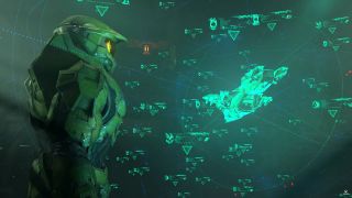 Master Chief looks at a hologram of a pelican