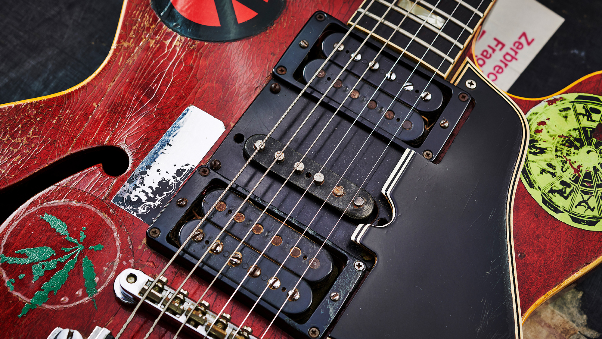 Detail of a vintage 1958 Gibson ES-335 electric guitar nicknamed &amp;lsquo;Big Red&amp;rsquo;, previously owned by English musician and Ten Years After guitarist Alvin Lee, taken on May 21, 2019.