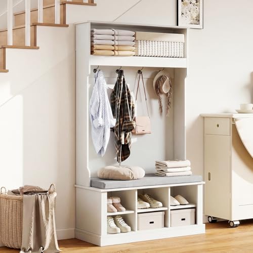 Aptliton Hall Tree With Shoe Storage Bench &amp;amp; Cushion, 4-In-1 Coat Rack With 4 Heavy Duty Hooks &amp;amp; Adjustable Shelves, Industrial Entryway Organizer for Hallway Mudroom, Anti-Tip Safety &amp;amp; Easy Assembly
