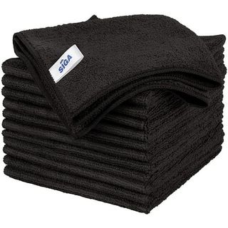 A stack of folded black microfiber cloths